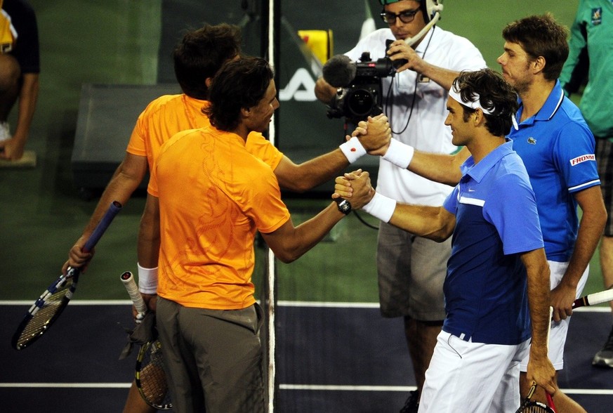 La paire Nadal/López face au duo Federer/Wawrinka à Indian Wells en 2011.