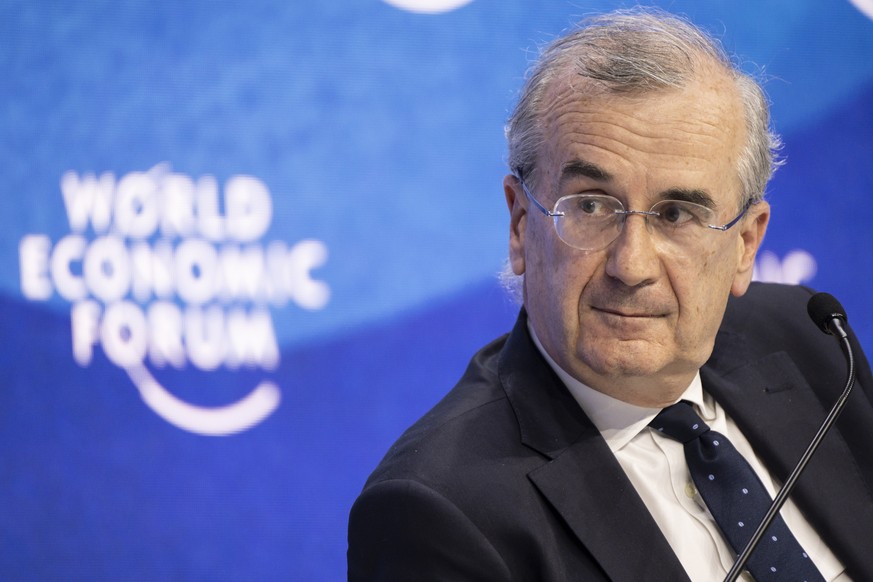 epa09969589 Francois Villeroy de Galhau, Governor of the Central Bank of France, addresses a plenary session during the 51st annual meeting of the World Economic Forum, WEF, in Davos, Switzerland, 23  ...