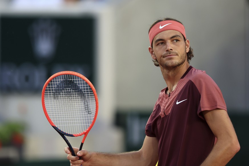 Taylor Fritz of the U.S. looks on during his second round match of the French Open tennis tournament against France&#039;s Arthur Rinderknech, at the Roland Garros stadium in Paris, Thursday, June 1,  ...