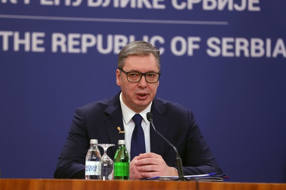epa11857072 Serbian President Aleksandar Vucic speaks during the press conference in Belgrade, Serbia, 27 January 2025. Vucic spoke about the demands of university students, who had staged a protest d ...