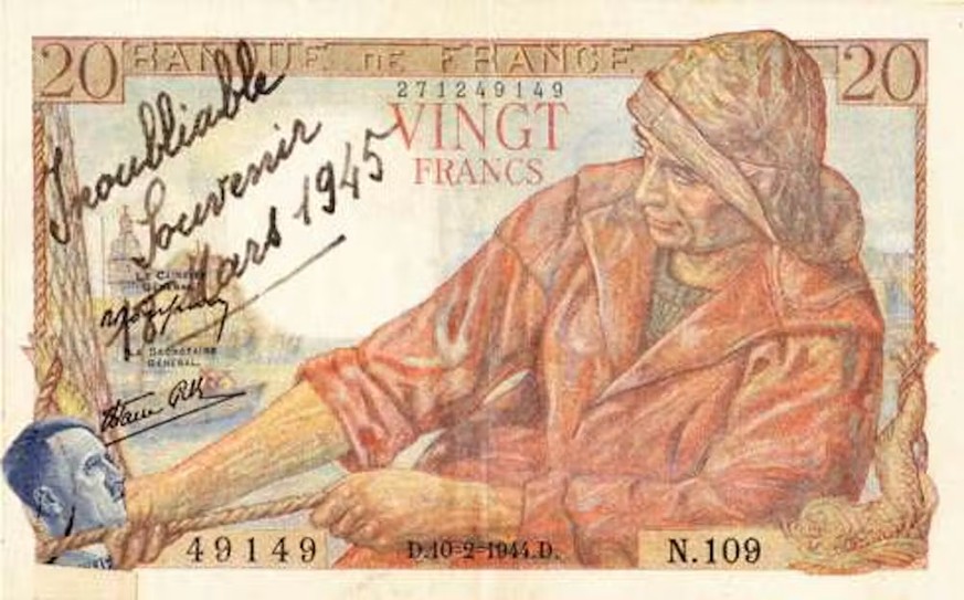 Billet de 20 francs détourné et représentant le chancelier Hitler la corde au cou. Le site du collectionneur.