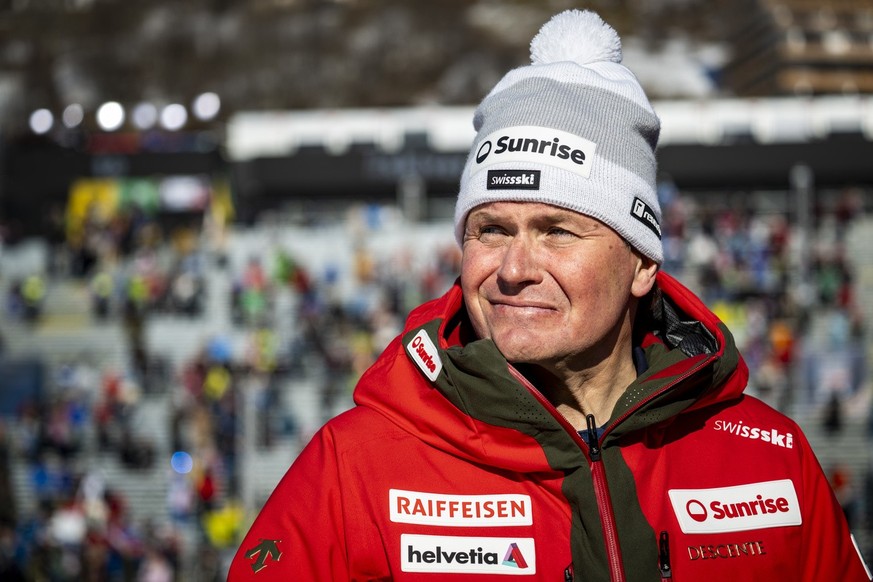 Urs Lehmann, Co-President of Swiss-Ski Federation, poses during the first run of the women&#039;s Slalom race at the 2025 FIS Alpine World Ski Championships, in Saalbach-Hinterglemm, Austria, Saturday ...