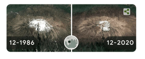 Le recul du glacier au sommet du Kilimandjaro. Il ne s'est écoulé que 34 ans entre la première et la deuxième image.