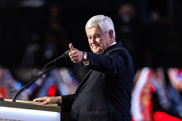 epa11484405 Former Speaker of the House Newt Gingrich delivers remarks during the third day of the Republican National Convention (RNC) in the Fiserv Forum in Milwaukee, Wisconsin, USA, 17 July 2024.  ...