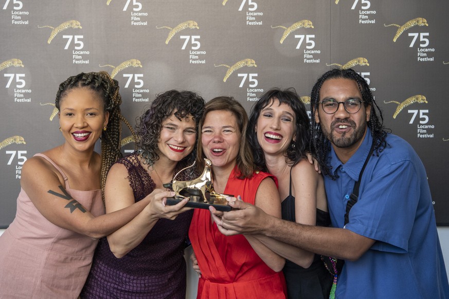 The Film Crew with Sol Miranda, Director Julia Murat, Tatiana Leite, Isabella Mariott and Lucas Andrate of the Film Regra 34 posing with the Pardo d&#039;oro, during a photocall at the 75th Locarno In ...