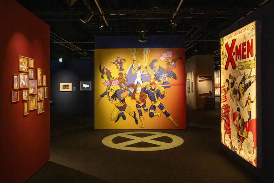 Die X-Men-Abteilung in der Ausstellung Marvel: Universe of Super Heroes, in Basel, am Donnerstag, 21. Maerz 2024. In der Ausstellung sind Originalzeichnungen, echte Kostueme, Requisiten aus Hollywood, ...
