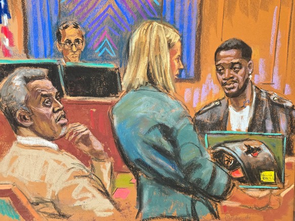 Prosecutor Emily Johnson questions rapper Kid Cudi as he testifies at Sean &quot;Diddy&quot; Combs&#039; sex trafficking trial in New York City, New York, U.S., May 22, 2025 in this courtroom sketch.  ...