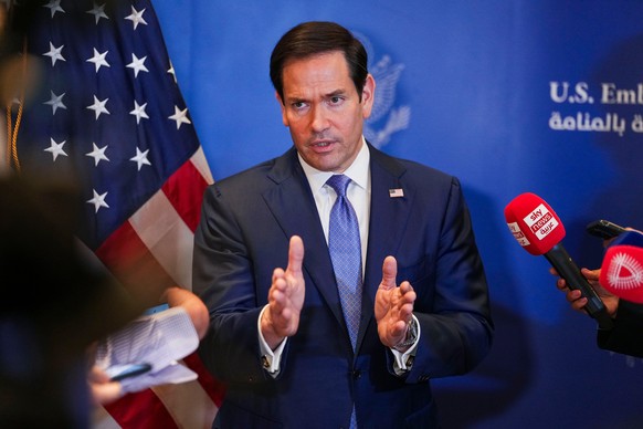 U.S. Secretary of State Marco Rubio speaks with members of the media before departing for Bahrain International Airport after his visit to the Middle East, in Manama, Bahrain Thursday, June 25, 2026.  ...