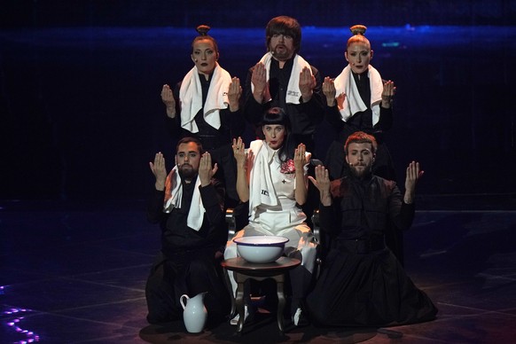 Konstrakta from Serbia singing In Corpore Sano performs during the Grand Final of the Eurovision Song Contest at Palaolimpico arena, in Turin, Italy, Saturday, May 14, 2022. (AP Photo/Luca Bruno)