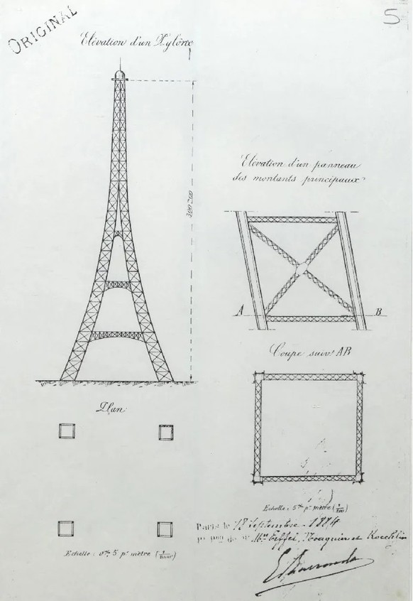 Documentation du procédé Koechlin: brevet numéro 164364, du 18 septembre 1884, signé par Koechlin, Nouguier et Eiffel.
https://artsandculture.google.com/asset/la-tour-eiffel-alexandre-gustave-eiffel-e ...