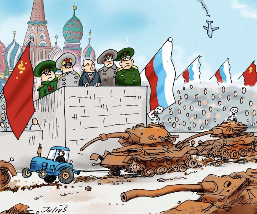 caricatures de Poutine au défilé du 9 mai 2023