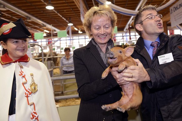 Bundespraesidentin Eveline Widmer Schlumpf, Mitte, mit kreischendem Saeuli, und Christian Manser, rechts, Praesident OLMA-Tierschauen an der Eroeffnung der 70. OLMA, der Schweizer Messe fuer Landwirts ...