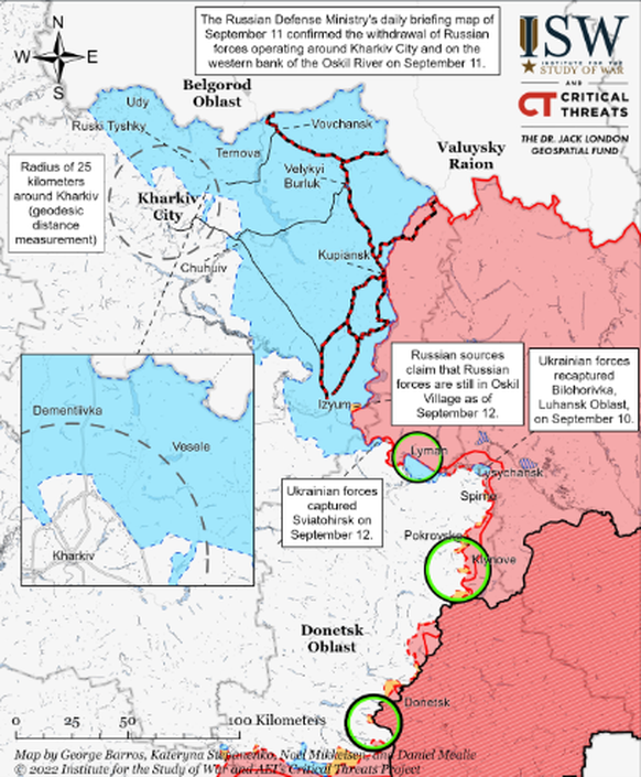 Les gains de territoire au nord-est. A droite du centre, on peut voir le petit champ bleu près de Lyssytchansk.