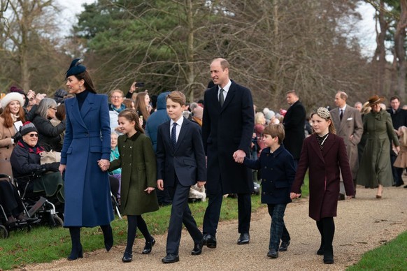 (left to right) The Princess of Wales, Princess Charlotte, Prince George, the Prince of Wales, Prince Louis and Mia Tindall attending the Christmas Day morning church service at St Mary Magdalene Chur ...