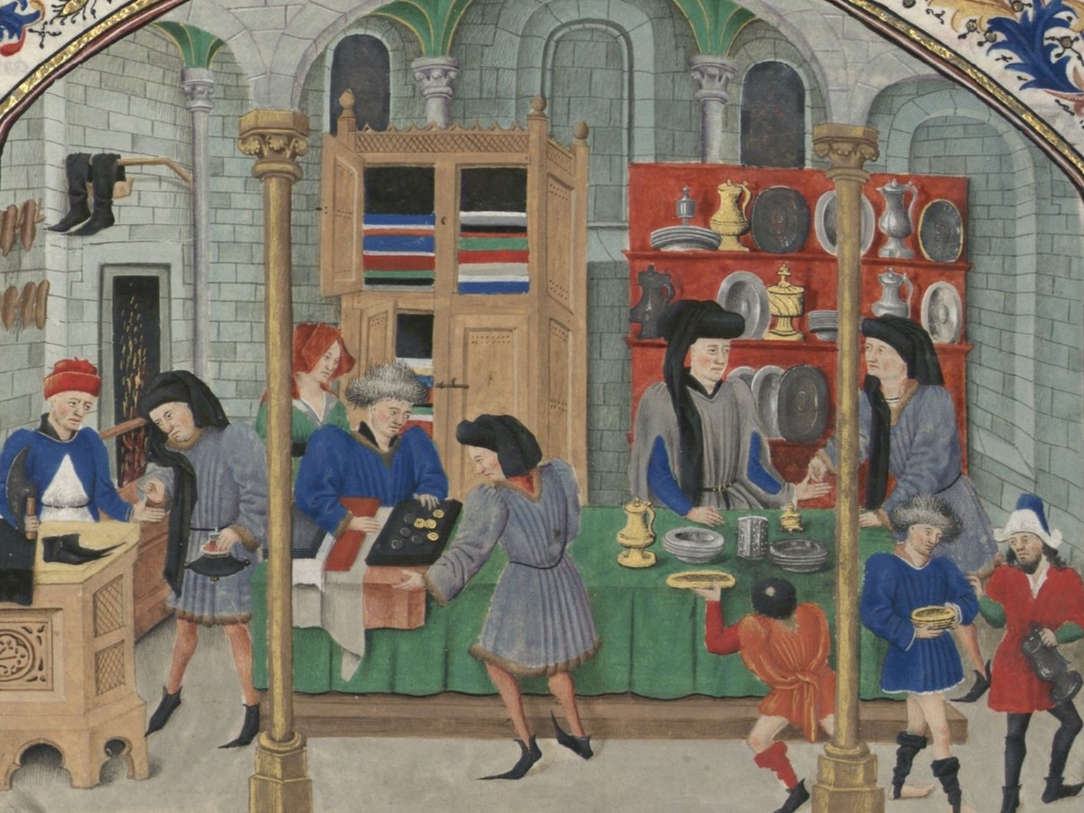 Sur un marché au XVe siècle: il n’y avait pas de mesures uniformes, mais un enchevêtrement de mesures différentes. Illustration d’une scène de marché dans un manuscrit de Nicolas Oresme, vers 1453.
ht ...
