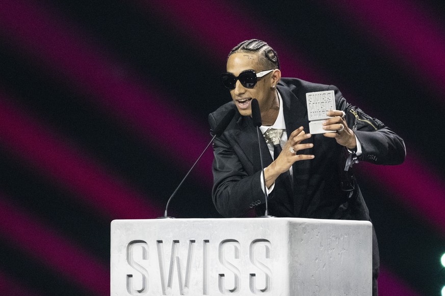 Slimka thanks for winning the, Best act Romandie, during the award ceremony of the Swiss Music Awards in Zuerich, Switzerland, May 8, 2024. (KEYSTONE/Urs Flueeler)