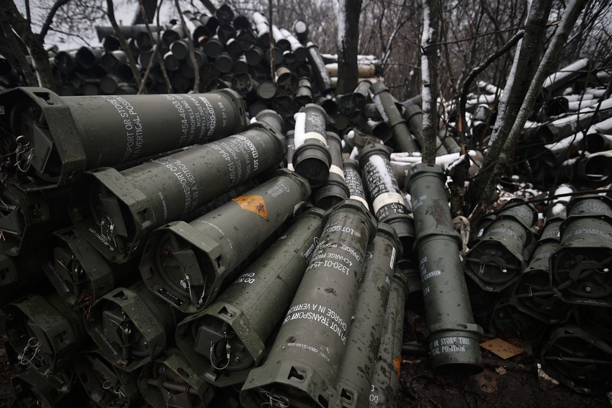 Artillery munitions of Ukrainian army are stored in the frontline at an undisclosed location in the Donetsk region, Ukraine, Wednesday, Nov. 23, 2022. (AP Photo/Roman Chop)
