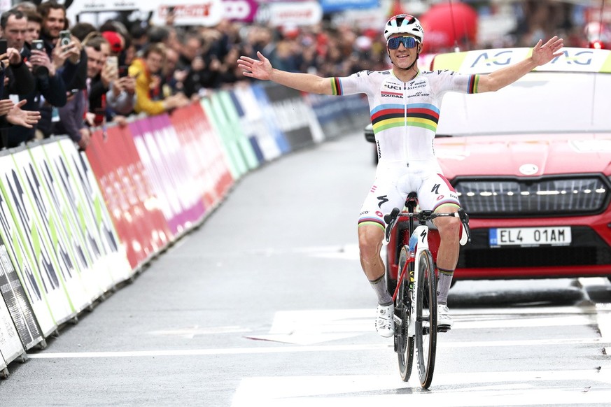 Belgium&#039;s Remco Evenepoel of the Soudal Quick Step team crosses the finish line to win the Belgian cycling classic and UCI World Tour race Liege Bastogne Liege, in Liege, Belgium, Sunday, April 2 ...