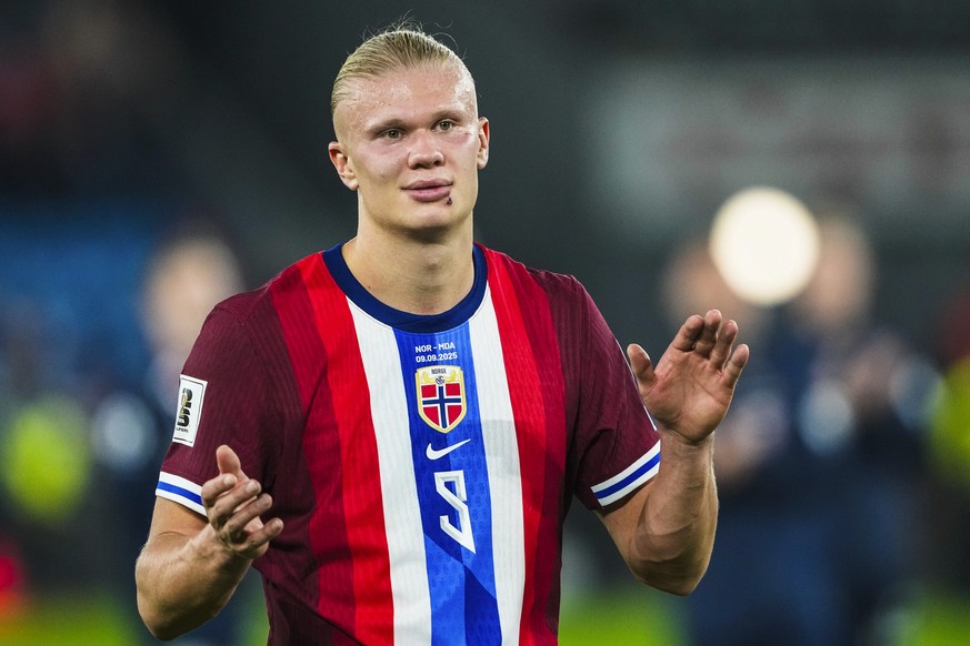 Norway's Erling Haaland features after the World Cup qualifying soccer match between Norway and Moldova at Ullevaal Stadion, Oslo, Tuesday Sept. 9, 2025. (Fredrik Varfjell/NTB via AP)
Norway Mold ...