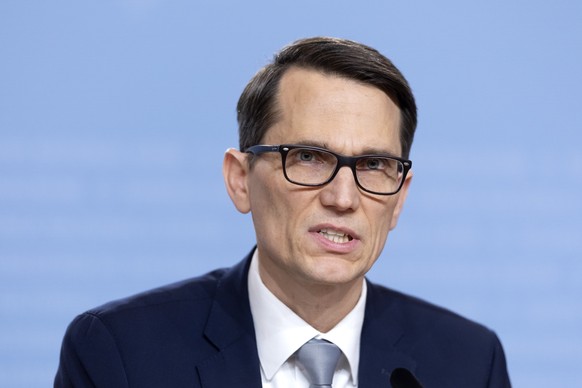 KEYPIX - Martin Schlegel, Chairman of the Governing Board of the Swiss National Bank (SNB) speaks during a press conference of the Swiss National Bank (SNB BNS) on the key interest rate, in Bern, Swit ...