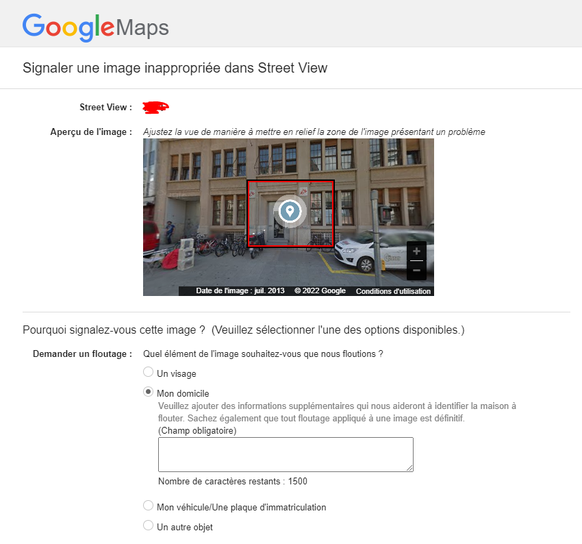 Voici la page sur laquelle vous devriez tomber en déposant votre demande de floutage sur Google Maps.