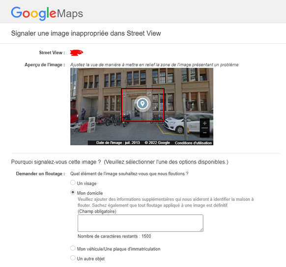 Google Maps demande de floutage