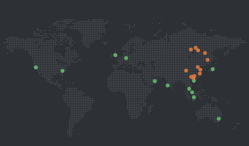 Les points verts indiquent où Alibaba exploite ses centres de données cloud en Amérique du Nord, en Europe, en Asie et en Australie. L'orange désigne les centres en Chine.