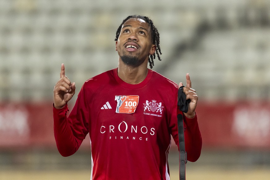 La joie de Warren Caddy (SLO), lors du 8eme de finale de la Coupe de Suisse de football entre le FC Stade Lausanne-Ouchy, SLO, et le FC Winterthur, FCW, ce mardi 2 decembre 2025 au stade olympique de  ...