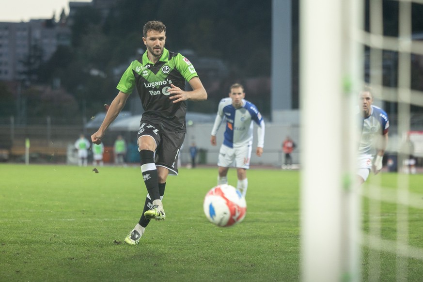 Anto Grgic (LUG) takes a shot during the Super League soccer match FC Lugano against Grasshopper Club ZUErich, at the Cornaredo Stadium in Lugano, Saturday, 27 September, 2025. (KEYSTONE/Ti-Press/Mass ...