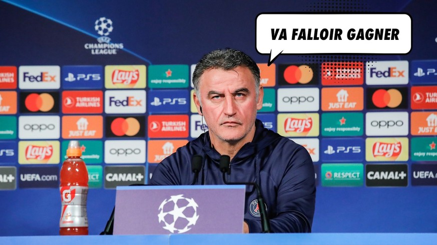 epa10465253 PSG head coach Christophe Galtier attends a press conference at the Parc des Princes stadium in Paris, France, 13 February 2022. PSG will play against FC Bayern Munich on 14 February 2023  ...