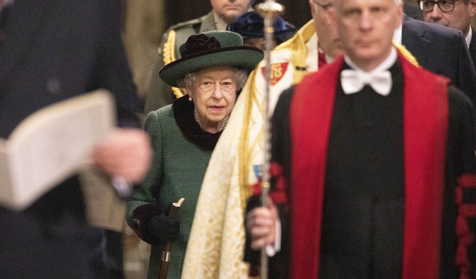 Britain&#039;s Queen Elizabeth II arrives for a Service of Thanksgiving for the life of Prince Philip, Duke of Edinburgh, at Westminster Abbey in London, Tuesday, March 29, 2022. (Richard Pohle/Pool v ...