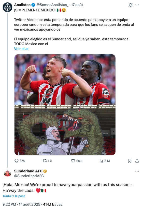 «Analistas» valide le choix de Sunderland, qui souhaite ensuite la bienvenue à tous les fans mexicains.