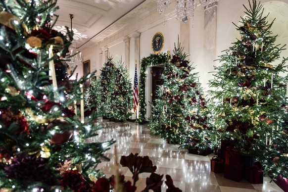 epa12562176 Christmas trees on display in the Center Hall of the White House during a holiday decoration tour for the media in Washington, DC, USA, 01 December 2025. US First Lady Melania Trump announ ...