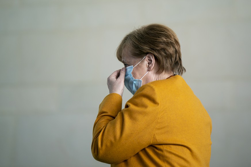 epa09093733 Chancellor of Germany Angela Merkel at a press conference after a follow up video conference to monday&#039;s conference with the heads of Germany&#039;s federal states, Berlin, Germany, 2 ...