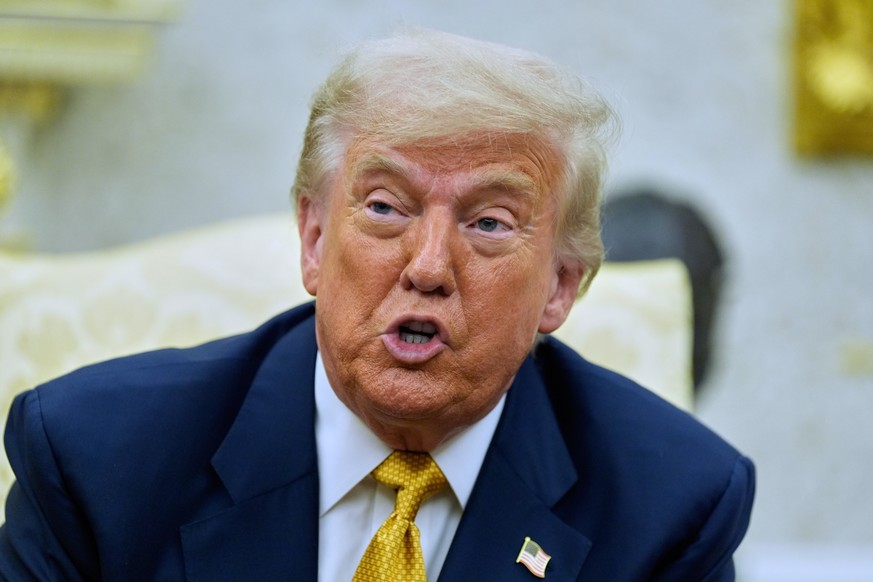 President Donald Trump speaks during a meeting with Bahrain&#039;s Crown Prince Salman bin Hamad Al Khalifa in the Oval Office of the White House, Wednesday, July 16, 2025, in Washington. (AP Photo/Al ...