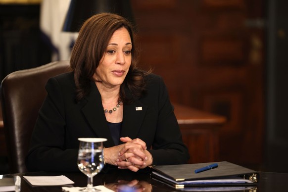 WASHINGTON, DC - MAY 26: U.S. Vice President Kamala Harris gives remarks at the top of a roundtable on high-speed internet with members of Congress in the Eisenhower Executive Office Building on May 2 ...