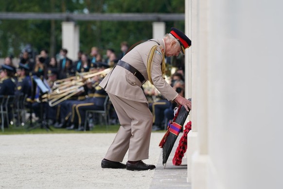 VER-SUR-MER, FRANCE - JUNE 6: King Charles III lays a wreath during the UK Ministry of Defence and the Royal British Legion’s commemorative event at the British Normandy Memorial to mark the 80th anni ...