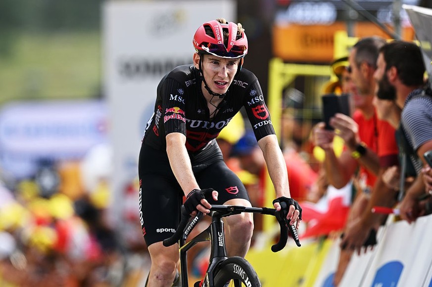 PLATEAU DE SOLAISON, FRANCE - JULY 19: Yannis Voisard of Switzerland and Team Tudor Pro Cycling crosses the finish line during the 113th Tour de France 2026, Stage 15 a 183.9km a 155.3km stage from Ch ...