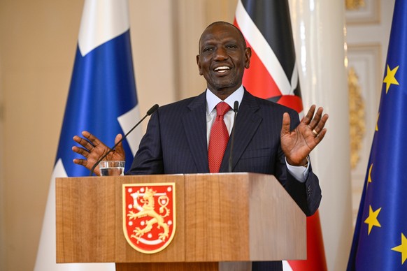Kenya's President William Ruto speaks during a joint news conference with Finland's President Alexander Stubb in the Hall of Mirrors of the Presidential Palace in Helsinki, Finland, Wednesda ...