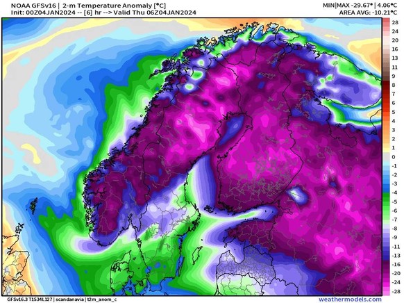L'anomalie de froid sur la Scandinavie.