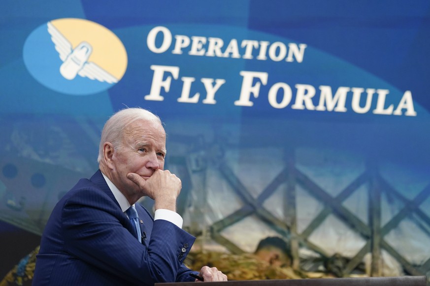 President Joe Biden listens as he meets virtually with infant formula manufacturers from the South Court Auditorium on the White House complex in Washington, Wednesday, June 1, 2022. (AP Photo/Susan W ...