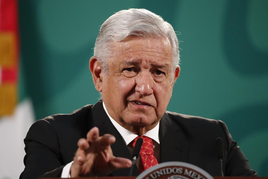 epa09163781 Mexican President Andres Manuel Lopez Obrador takes part in his daily press conference in Mexico City, Mexico, 27 April 2021. At a low moment of coronavirus infections, the Mexican Governm ...