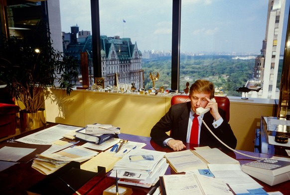 Donald Trump portrait outside of his Puma helicopter in 1987 at Atlantic City airport.