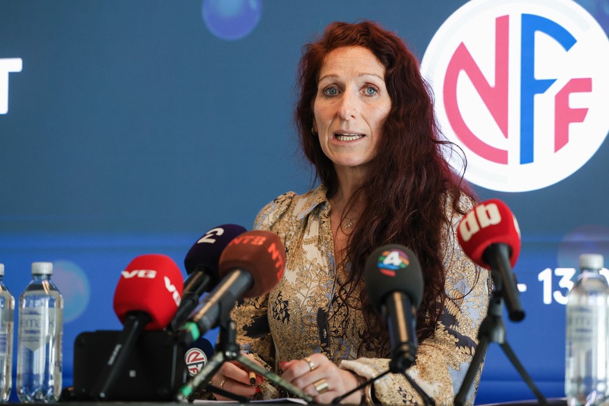 epa13143479 Lise Klaveness, president of the Norwegian Football Association (NFF), attends a press conference in Oslo, Norway, 31 July 2026. The previous day the members of UEFA voted unanimously to b ...