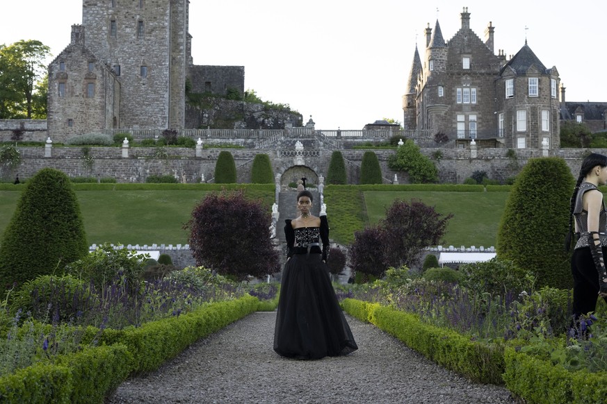 Model on the runway at the Dior Cruise 2025 Show held at Drummond Castle on June 3, 2024 in Perthshire, Scotland.