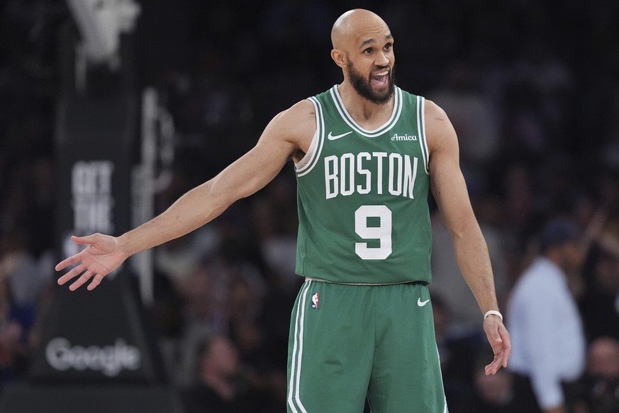 Boston Celtics&#039; Derrick White (9) argues for a call during the second half of Game 6 in the Eastern Conference semifinals of the NBA basketball playoffs against the New York Knicks Friday, May 16 ...