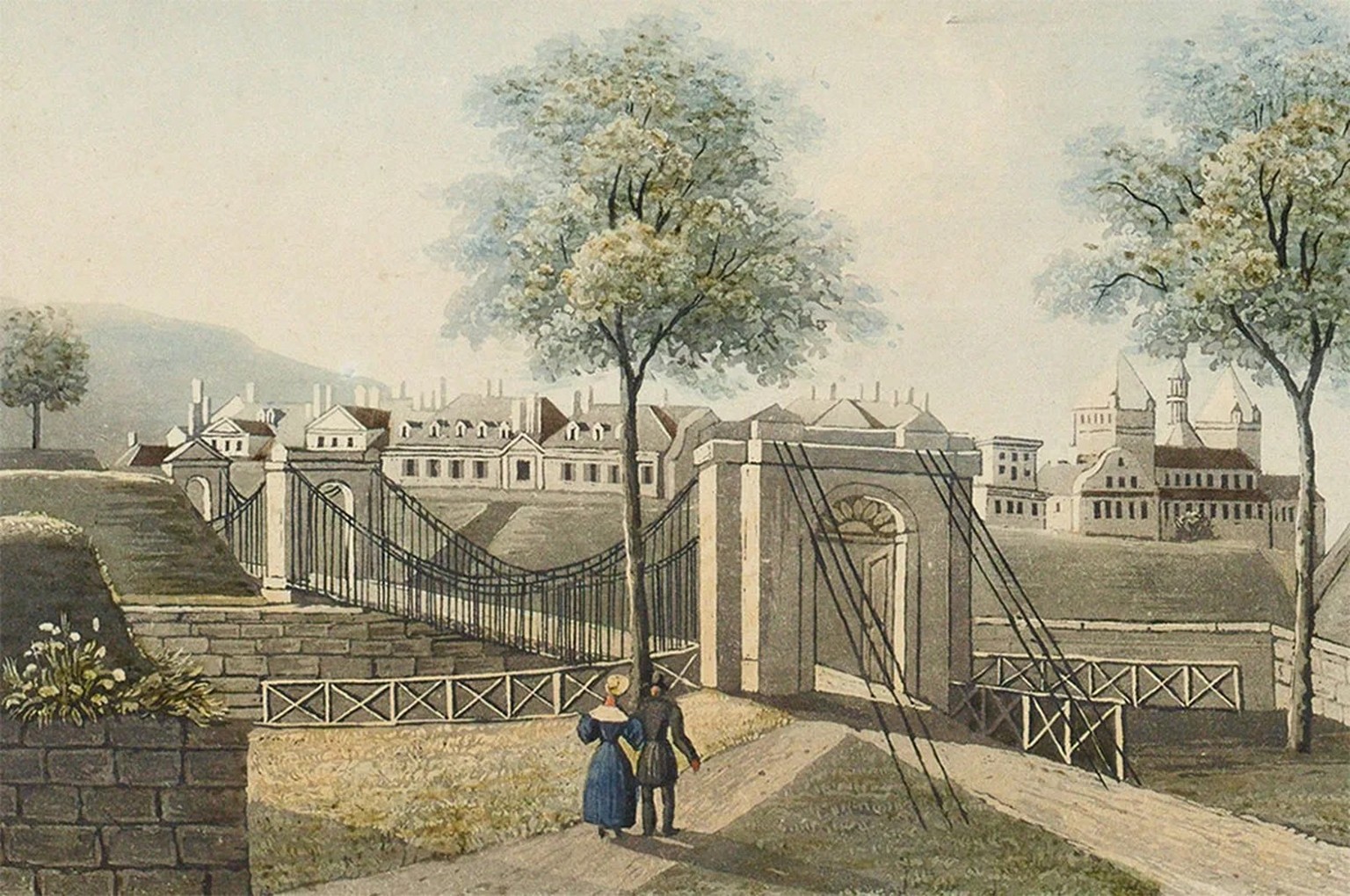 La passerelle de Saint-Antoine reliait le centre-ville de Genève au quartier Saint-Antoine.
https://commons.wikimedia.org/wiki/File:CH-NB_-_Genf,_von_Nordosten,_mit_Randvignetten_-_Collection_Gugelman ...