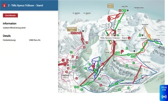 Une carte publiée sur le site d’Engelberg montre que plusieurs installations sont actuellement à l’arrêt, dont le Titlis Xpress entre Trübsee et Stand, en raison de vents violents.