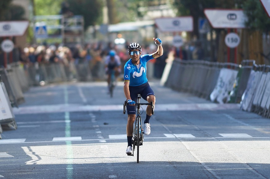 epa09113775 Spanish rider Alejandro Valverde of Movistar celebrates after winning the Miguel Indurain cycling Grand Prix in Estella, Navarra, Spain, 03 April 2021. EPA/Inaki Porto