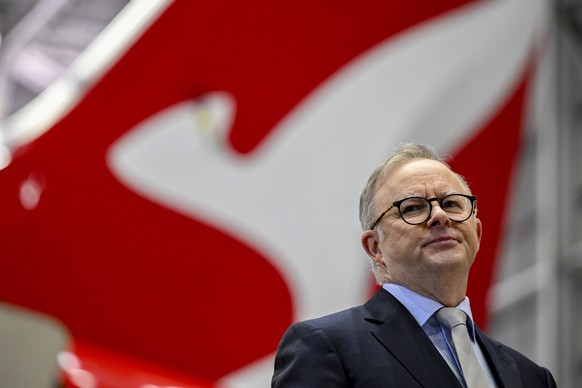 Australian Prime Minister Anthony Albanese speaks as QANTAS unveil their Yes23 livery being carried on some of their aircraft at Sydney Domestic Airport in Sydney, on Aug. 14, 2023. (Dean Lewins/AAP I ...
